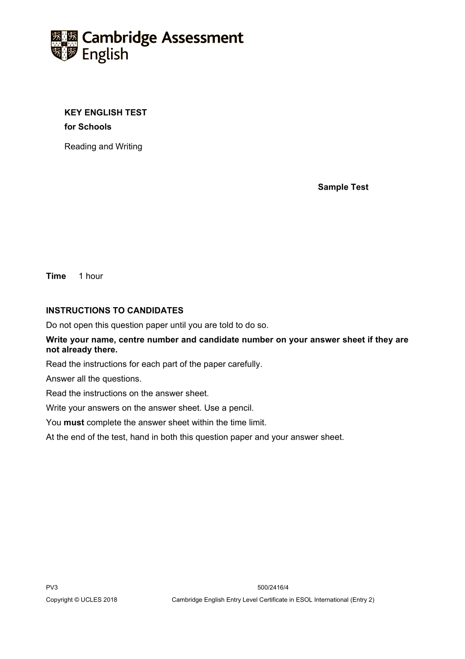 【读写样卷】A2 Key for Schools 2020 sample Reading and Writing - questions.pdf_第1页