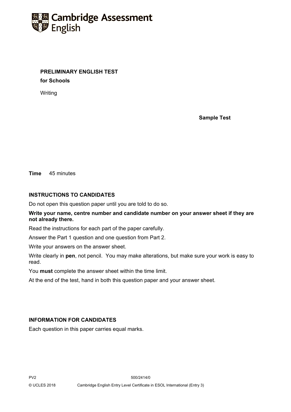 【写作样卷】B1 Preliminary Schools 2020 sample tests Writing - QP.PDF_第1页