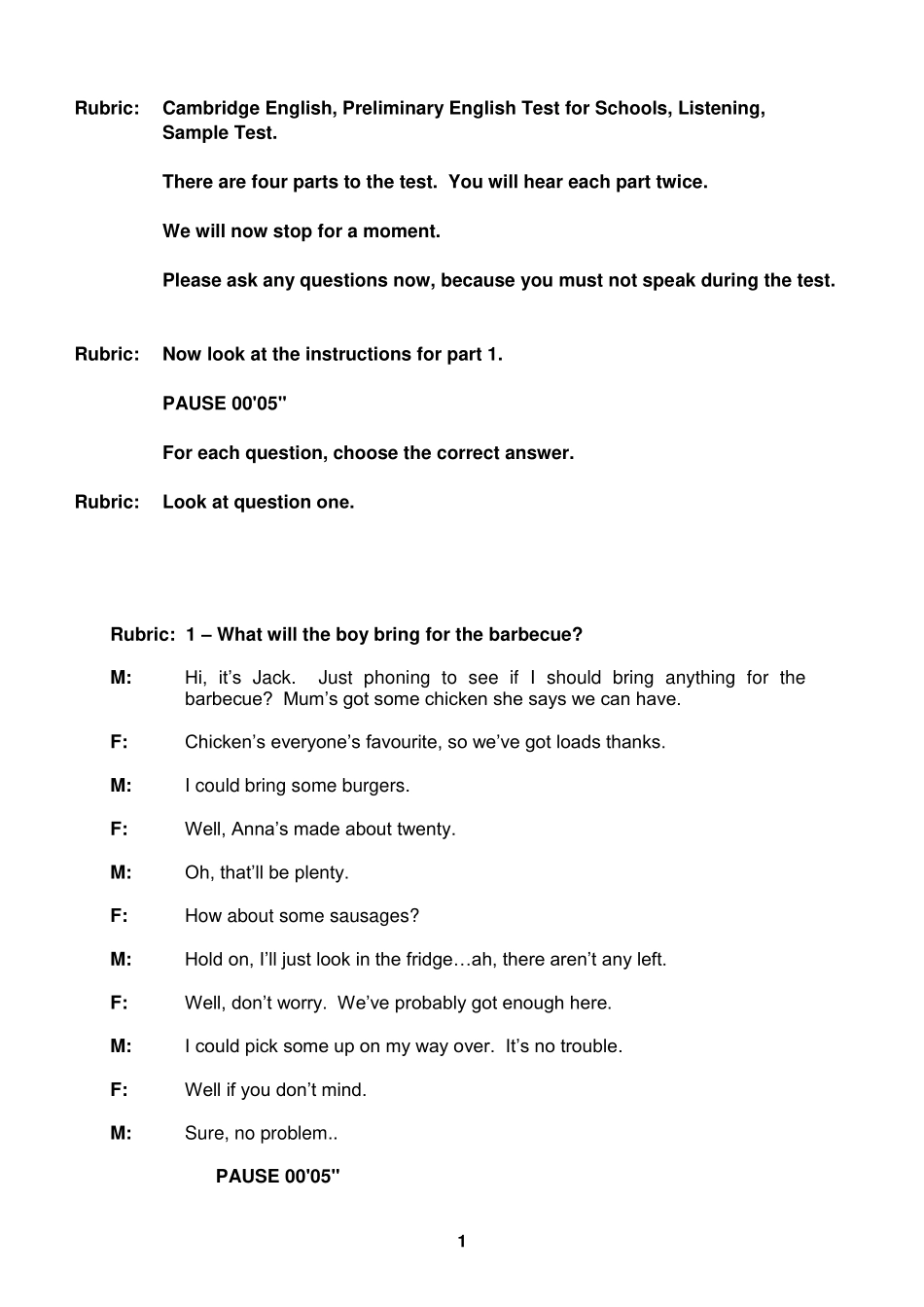 【听力样卷文本】B1 Preliminary Schools 2020 sample tests Listening - script.pdf_第1页