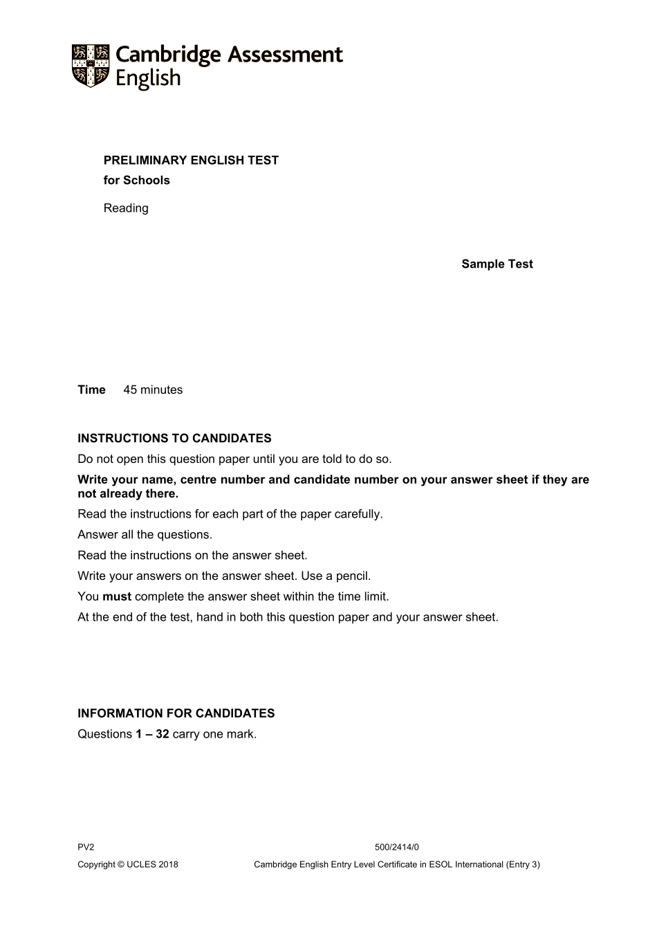 【阅读样卷】B1 Preliminary Schools 2020 sample tests Reading - QP.pdf_第1页