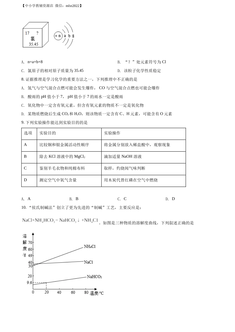 精品解析：2022年江苏省宿迁市中考化学真题（原卷版）.docx_第2页