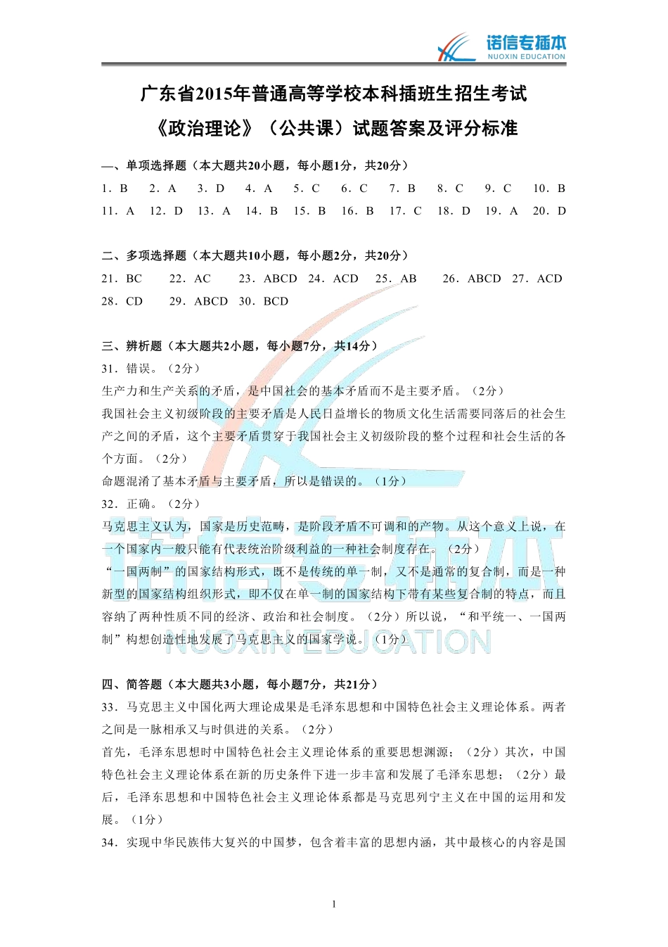 广东省2015年专插本考试《政治理论》真题参考答案.pdf_第1页