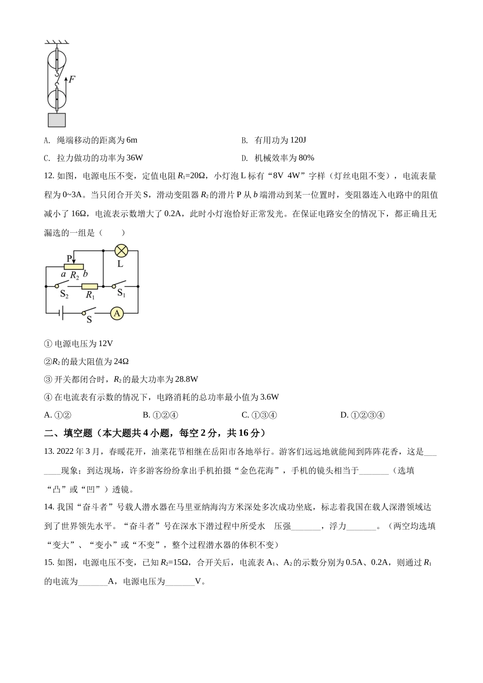 精品解析：2022年湖南省岳阳市中考物理试题（原卷版）.docx_第3页