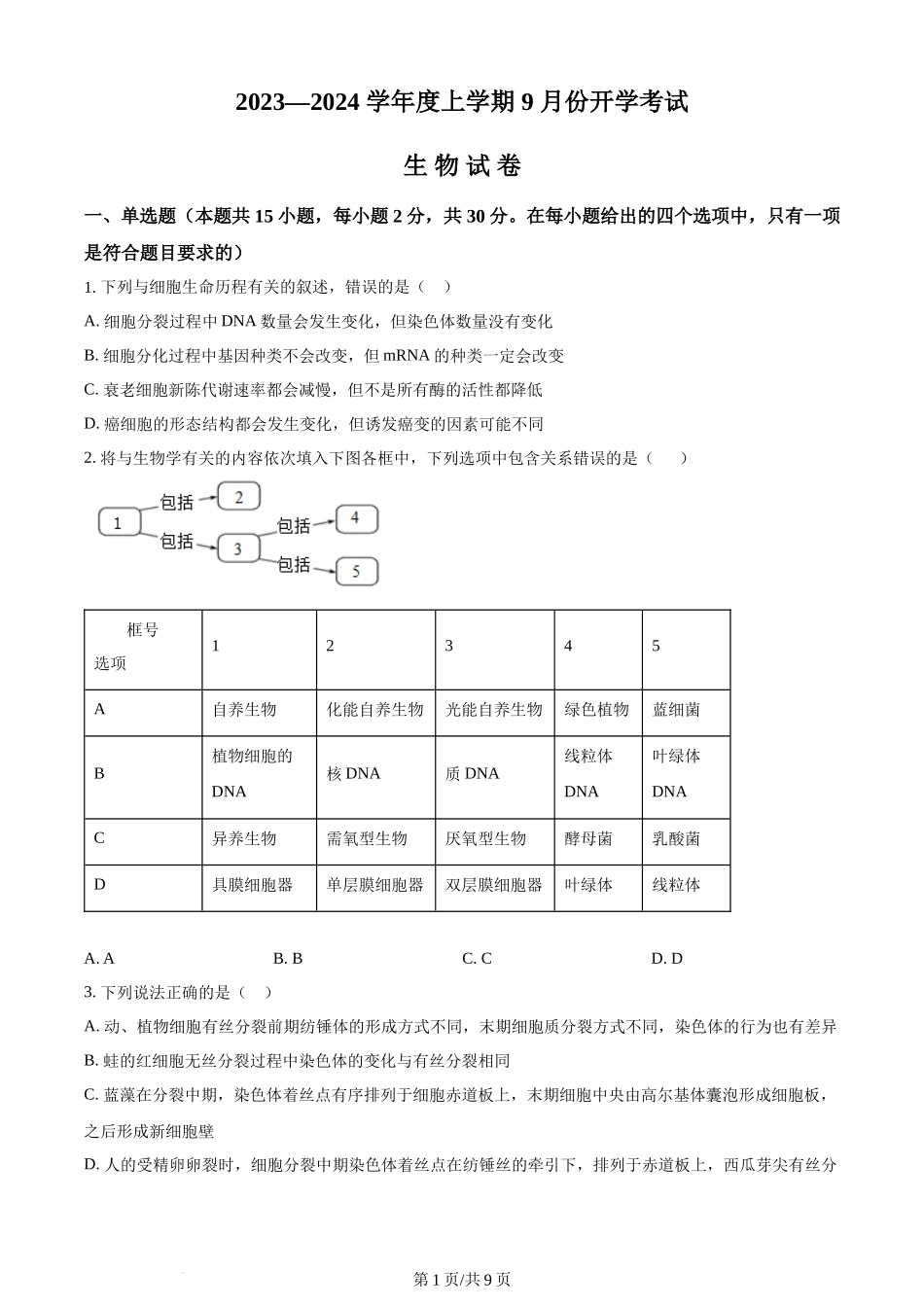 精品解析：辽宁省沈阳市新民市高级中学2023-2024学年高三上学期9月开学生物试题（原卷版）.docx_第1页