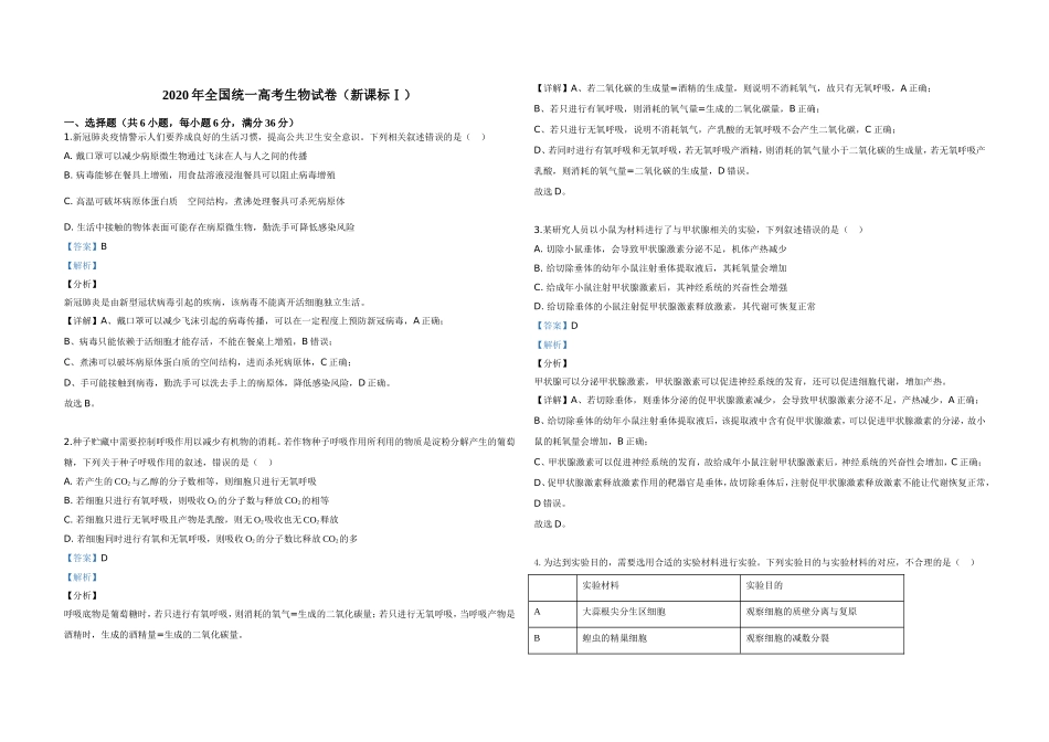 2020年全国统一高考生物试卷（新课标ⅰ）（含解析版）(1).doc_第1页