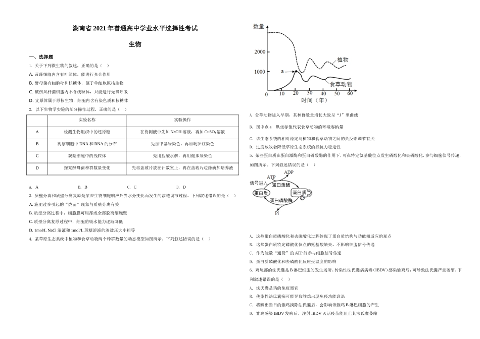 2021年湖南高考生物（新高考）（原卷版）.doc_第1页