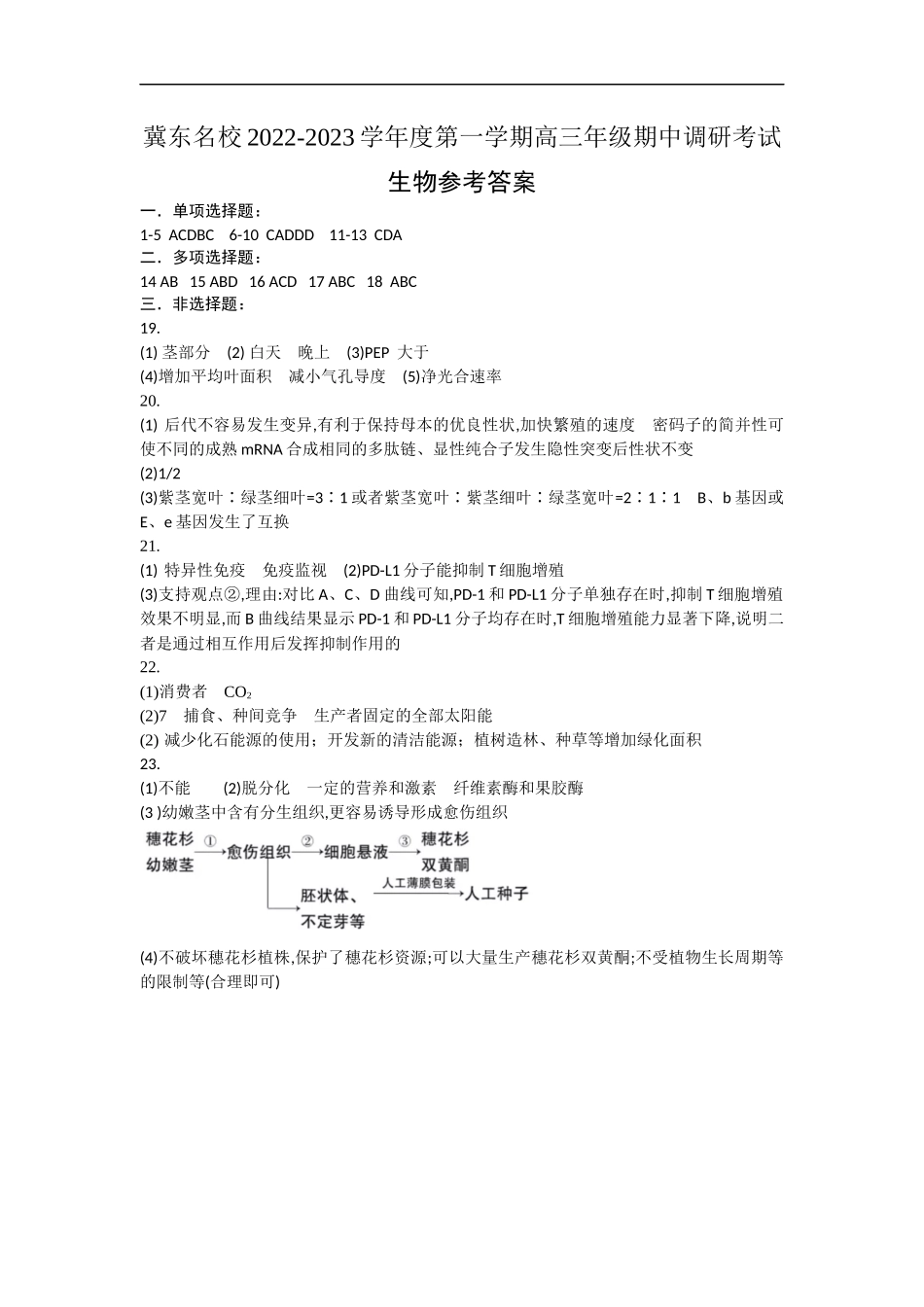 冀东名校2022-2023学年度第一学期高三年级期中调研考试生物答案.docx_第1页