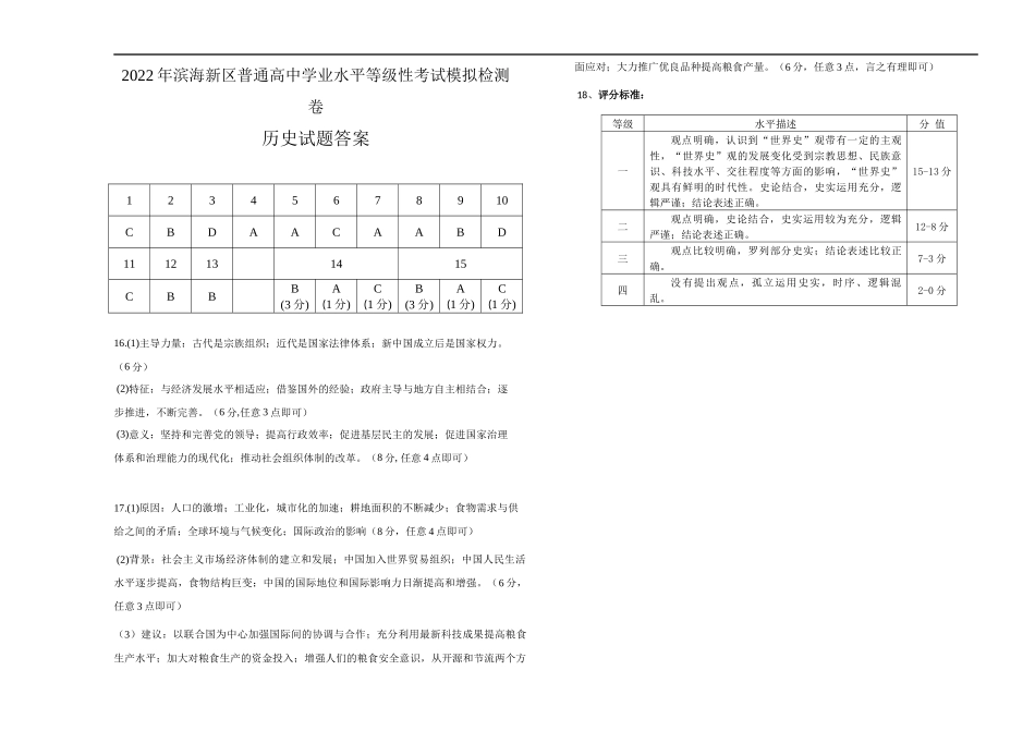 天津市滨海新区2022届高三下学期模拟试卷历史答案.docx_第1页