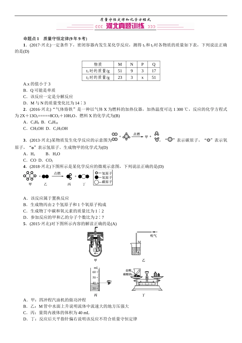 2020中考备考化学考点讲练质量守恒定律和化学方程式【考百分kao100.com】.doc_第1页