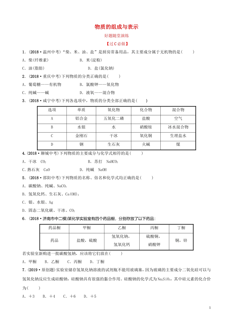 中考化学总复习第五讲物质的组成与表示好题随堂演练2019010434【考百分kao100.com】.doc_第1页