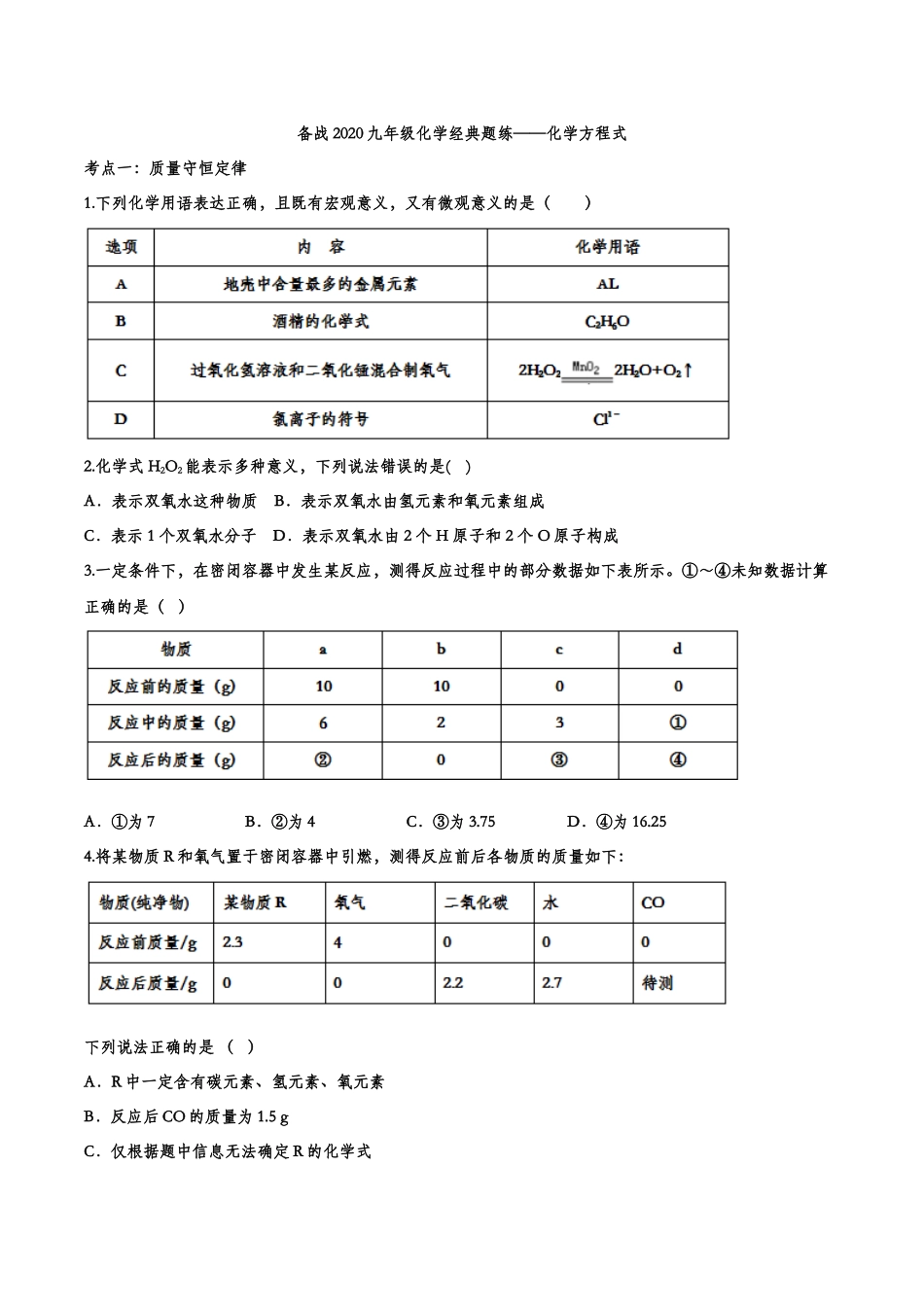 备战2020九年级化学经典题练——化学方程式【考百分kao100.com】.doc_第1页