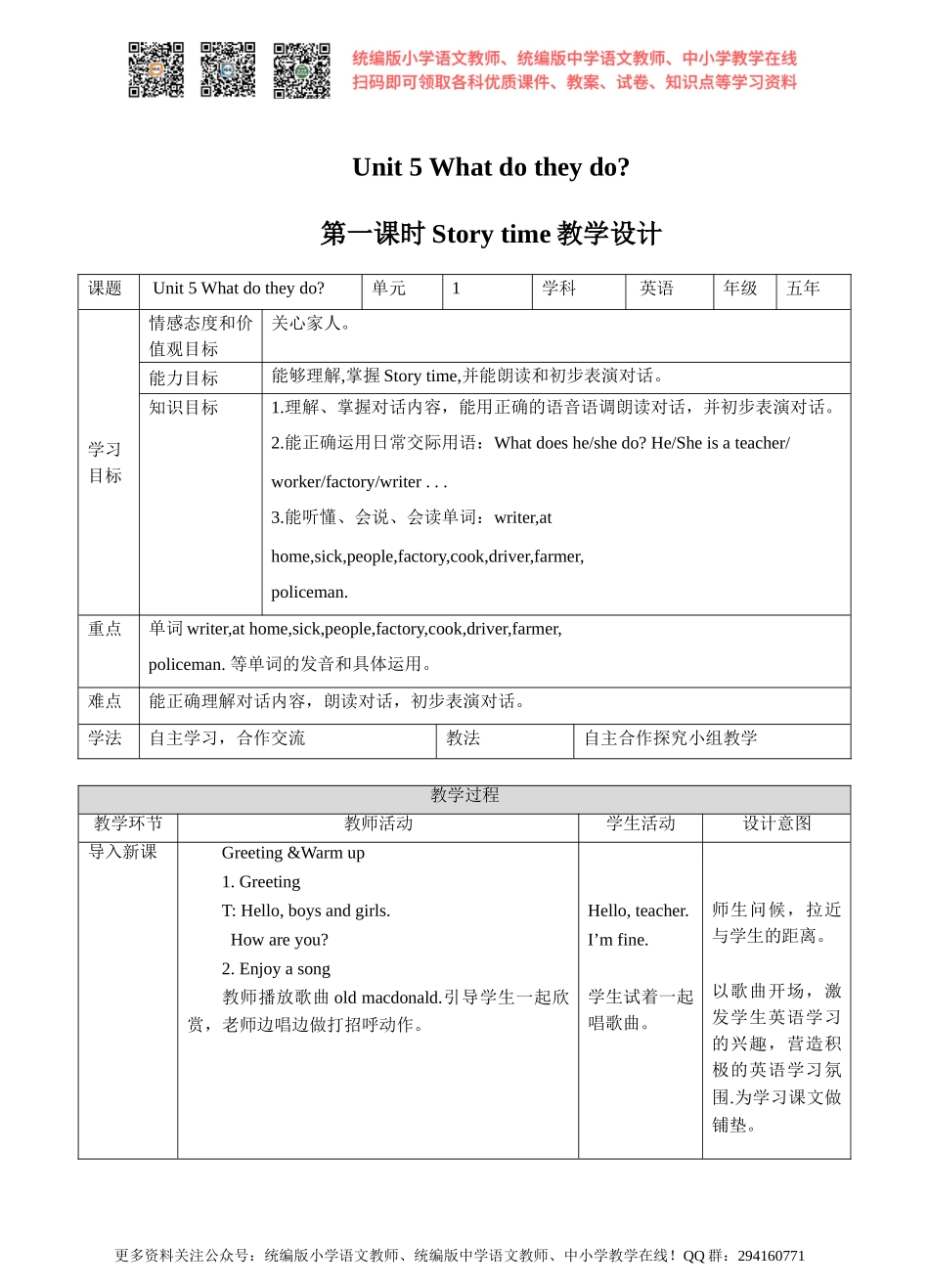 牛津译林版-英语-五上-Unit 5 What do they do 第一课时Story time.(教案).doc_第1页