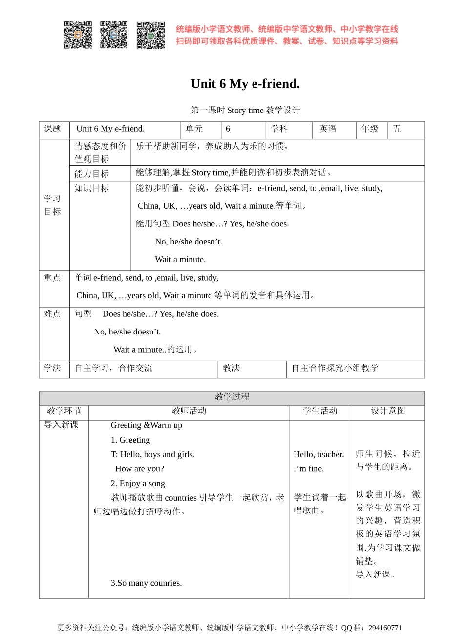 牛津译林版-英语-五上-Unit6 My e-friend 第一课时Story time.(教案).doc_第1页
