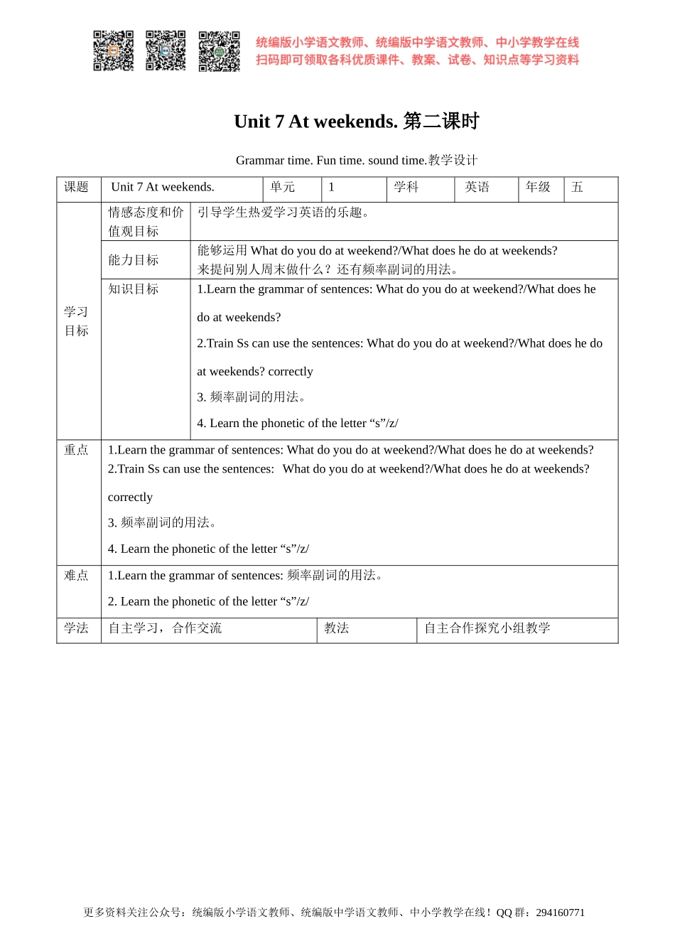 牛津译林版-英语-五上-Unit 7 At weekends 第二课时Grammer time.Fun time.sound time(教案).doc_第1页