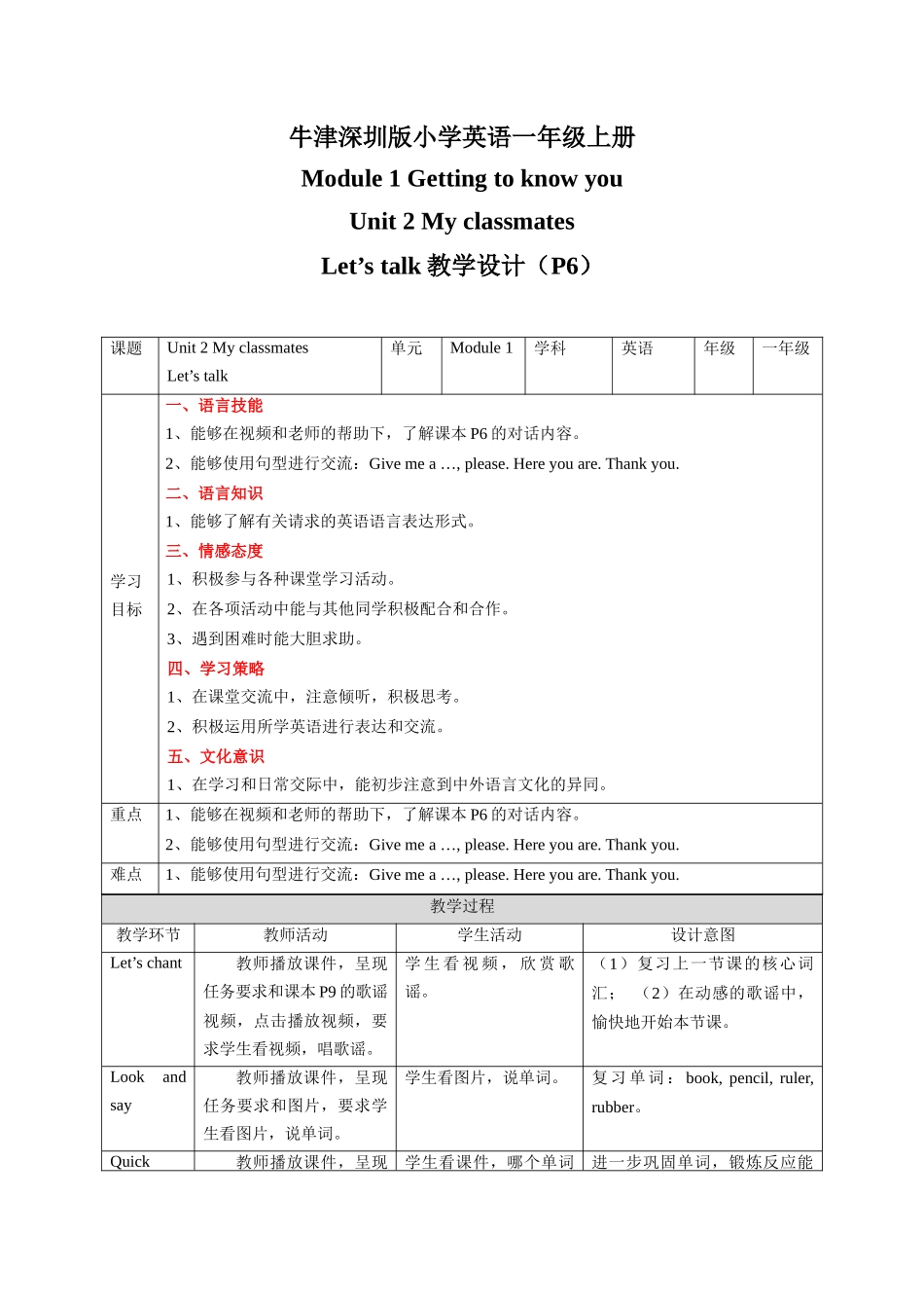 预课——Unit 2 My classmates Let's talk 教案.docx_第1页