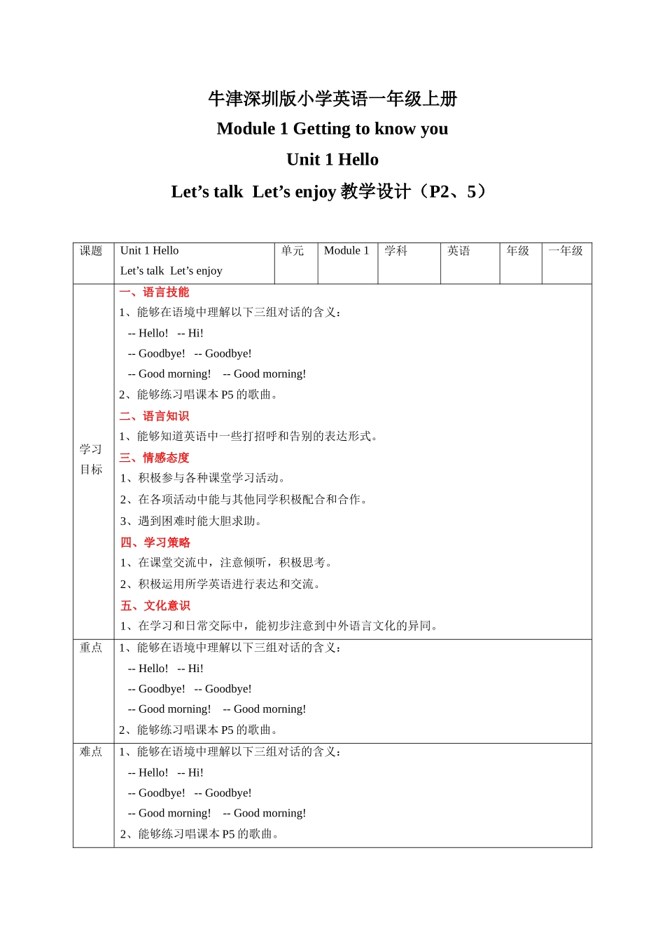 预课——Unit 1 Hello Let's talk Let's enjoy 教案.docx_第1页