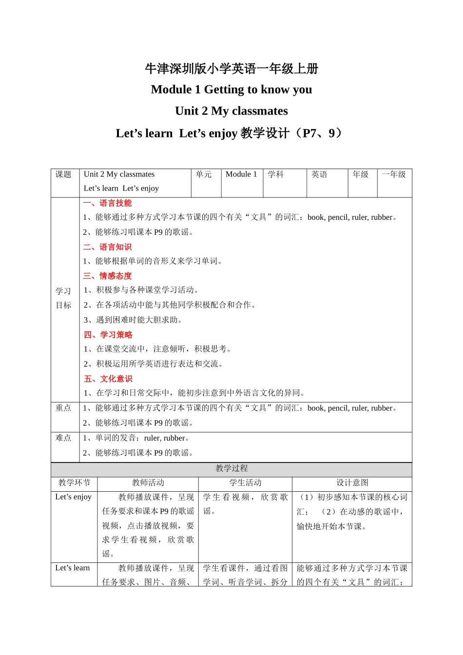 预课——Unit 2 My classmates Let's learn Let's enjoy 教案.docx_第1页