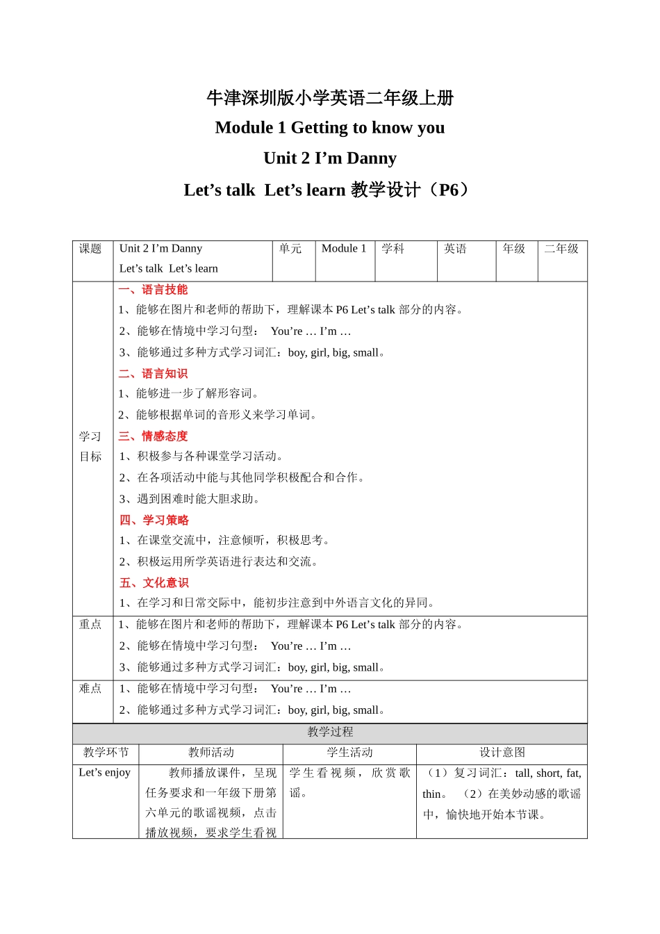 预课——Unit 2 I'm Danny Let's talk Let's learn 教案.docx_第1页