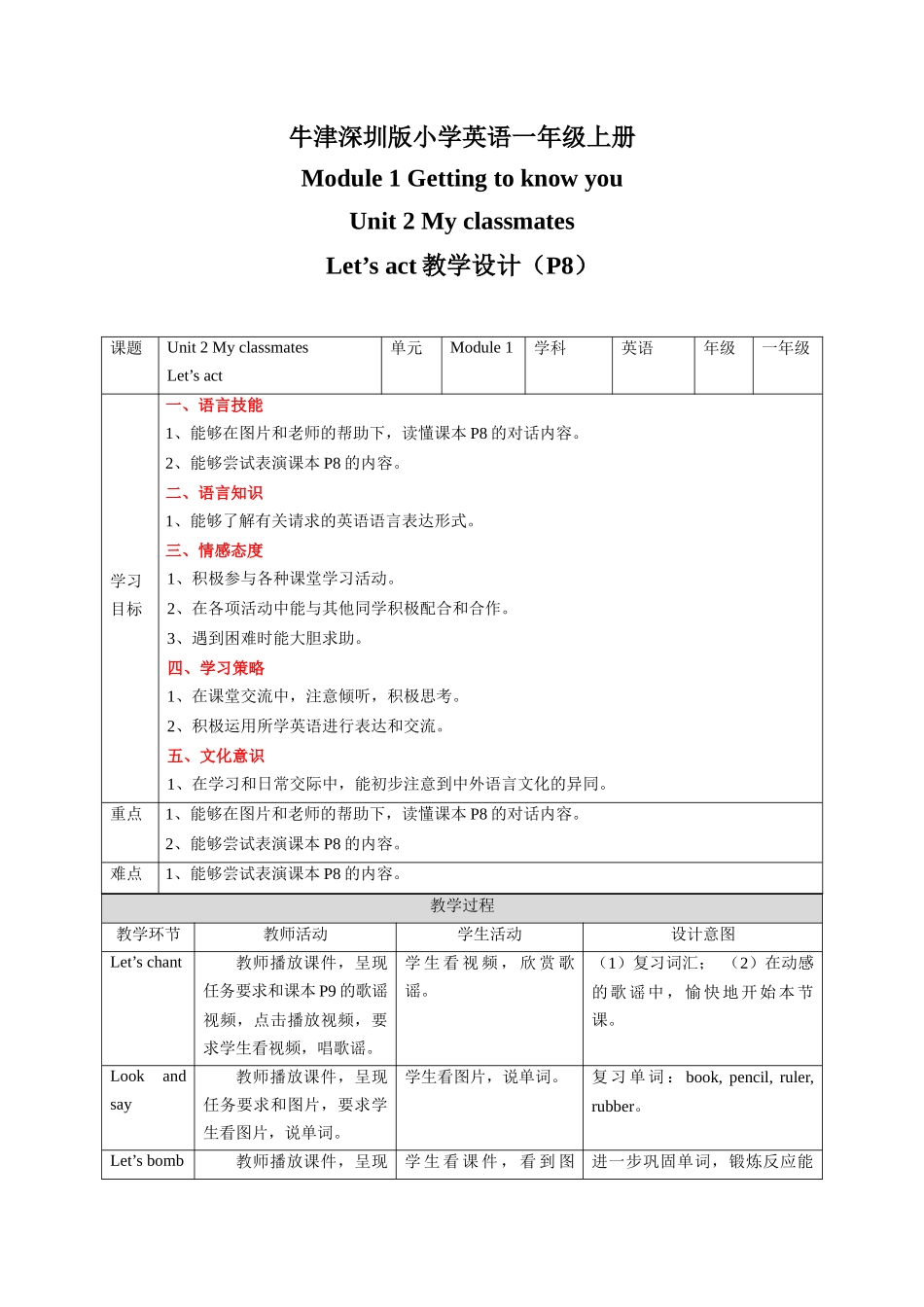 预课——Unit 2 My classmates Let's act 教案.docx_第1页