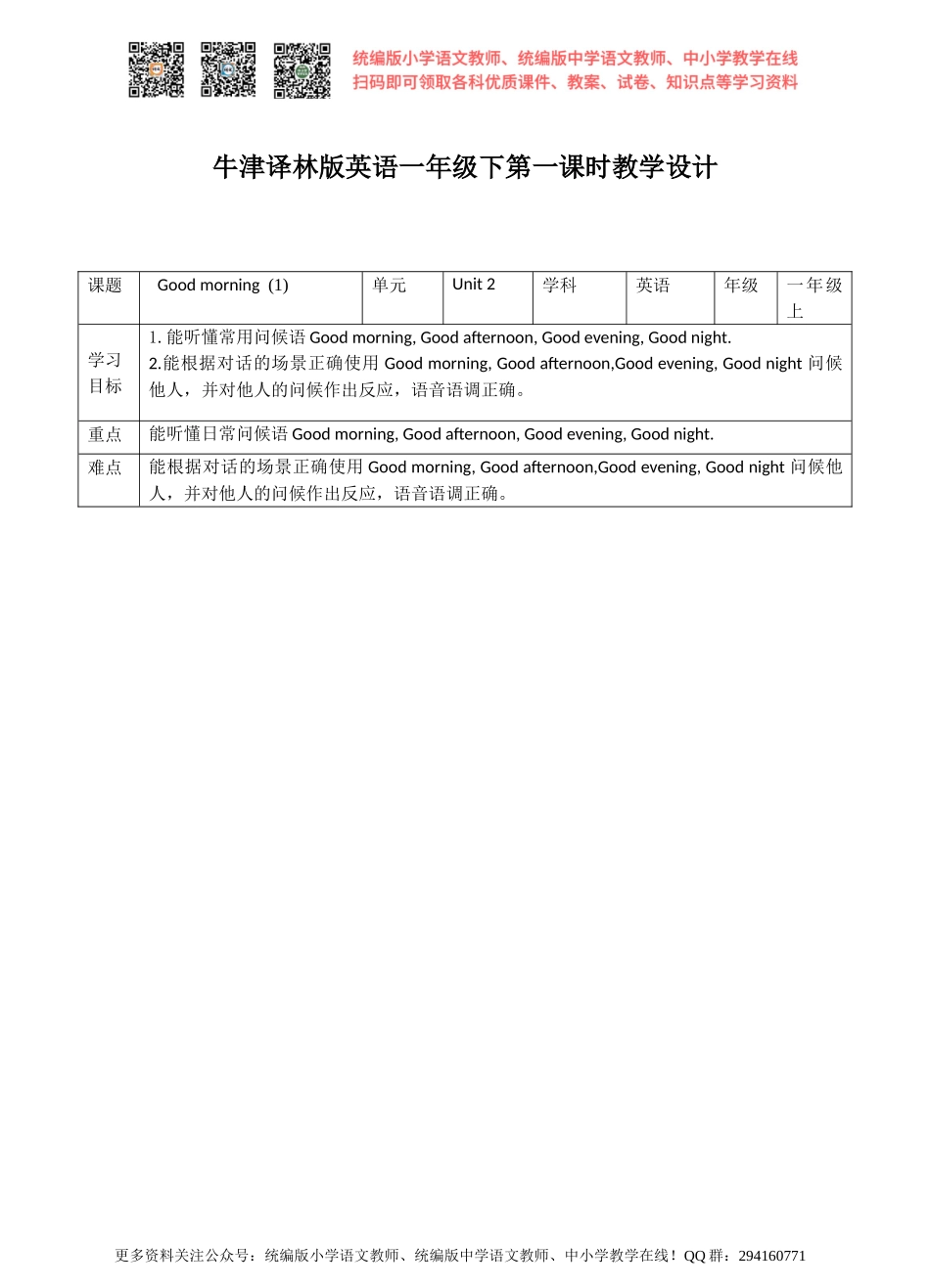 Unit 2 Good morning(1) 教案.doc_第1页