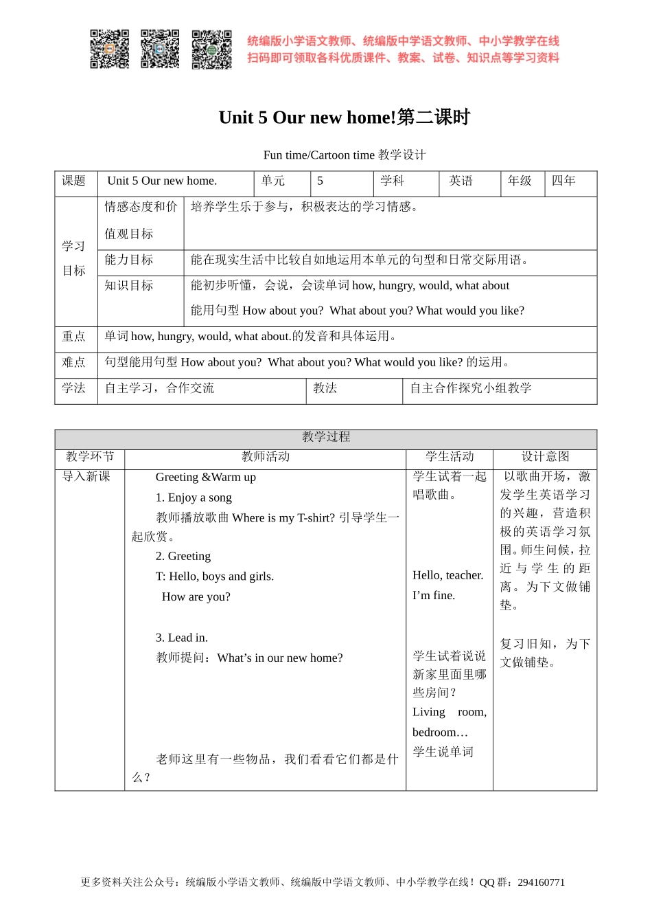 Unit 5 Our New Home. 第二课时Fun time. Cartoon time(教案).doc_第1页