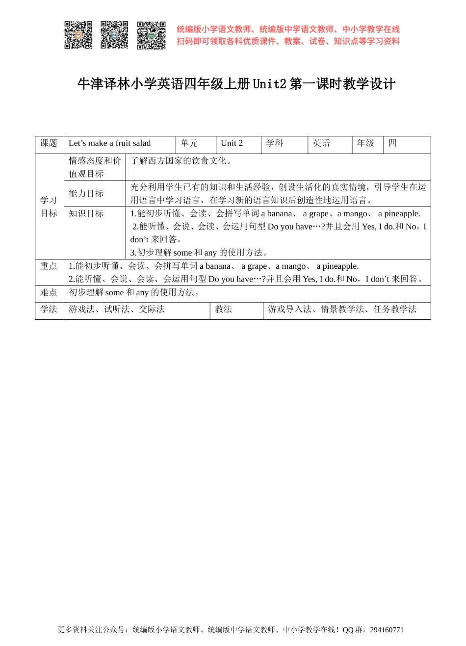 Unit2Let’s make a fruit salad第一课时教学设计.doc_第1页