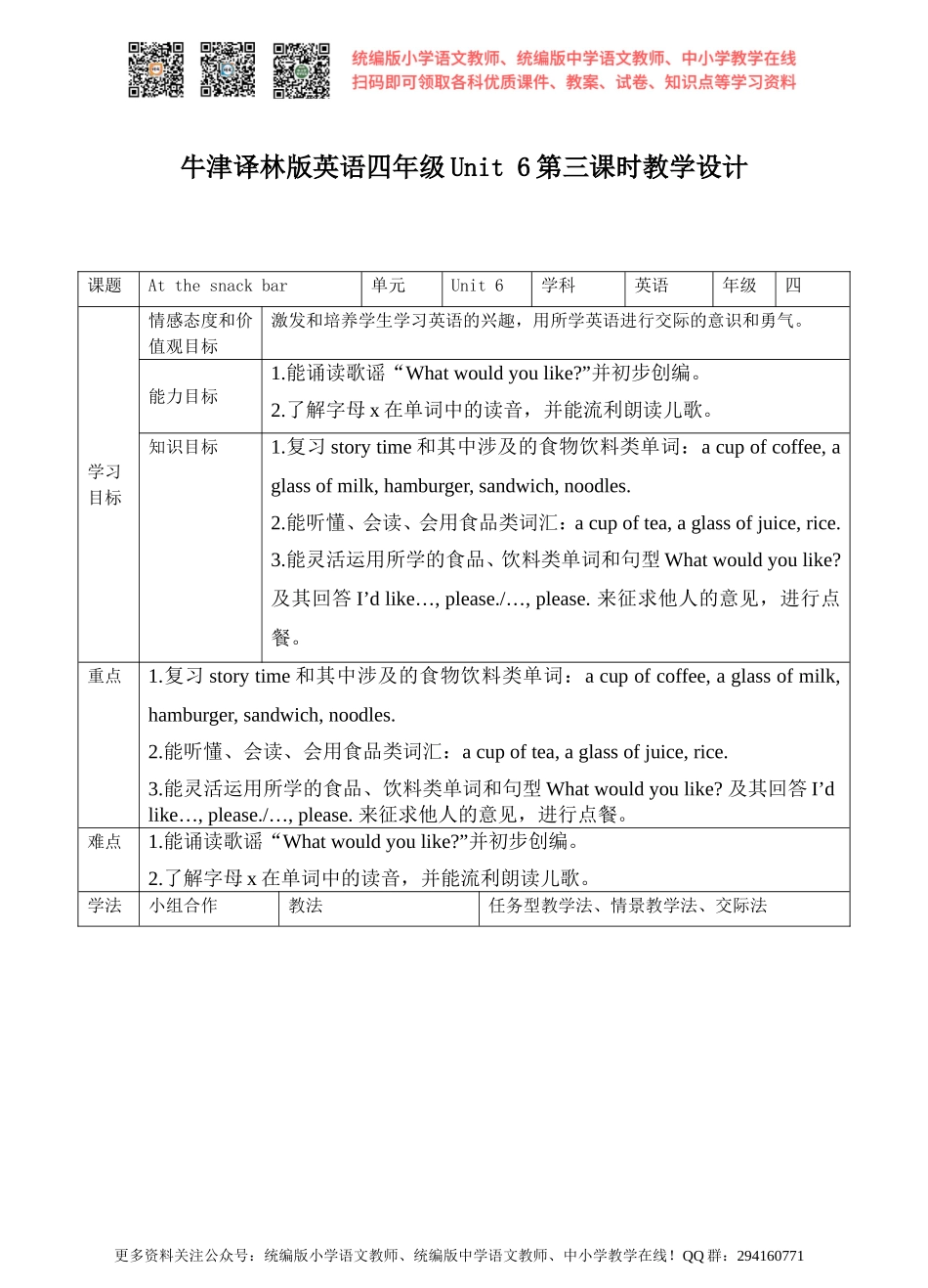 牛津译林版-四上-Unit6 At the snack bar-第三课时教学设计.doc_第1页