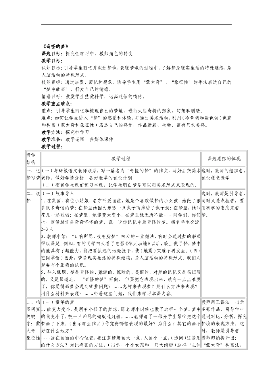 苏教小学美术四上《第2课奇怪的梦》word教案 (2) .doc_第1页