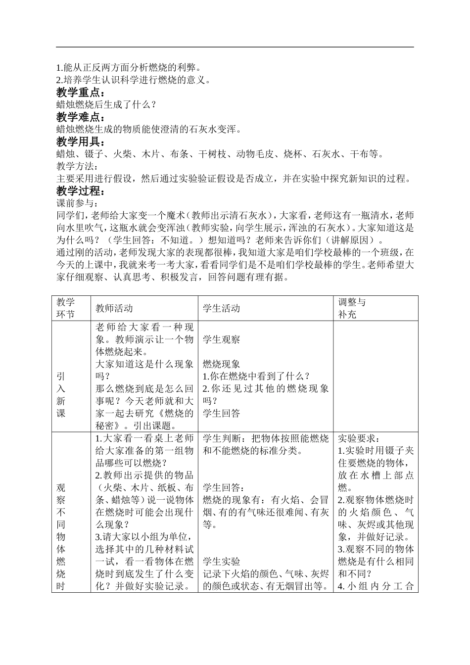冀教小学科学四下册《20燃烧的秘密 》word教案 (2).doc_第2页