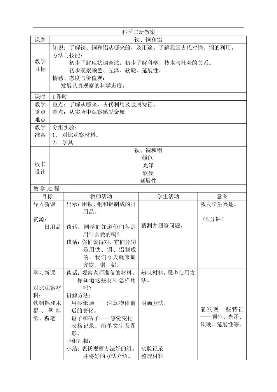 鄂教版小学科学三下《18.铁、铜和铝》word教案.doc_第1页