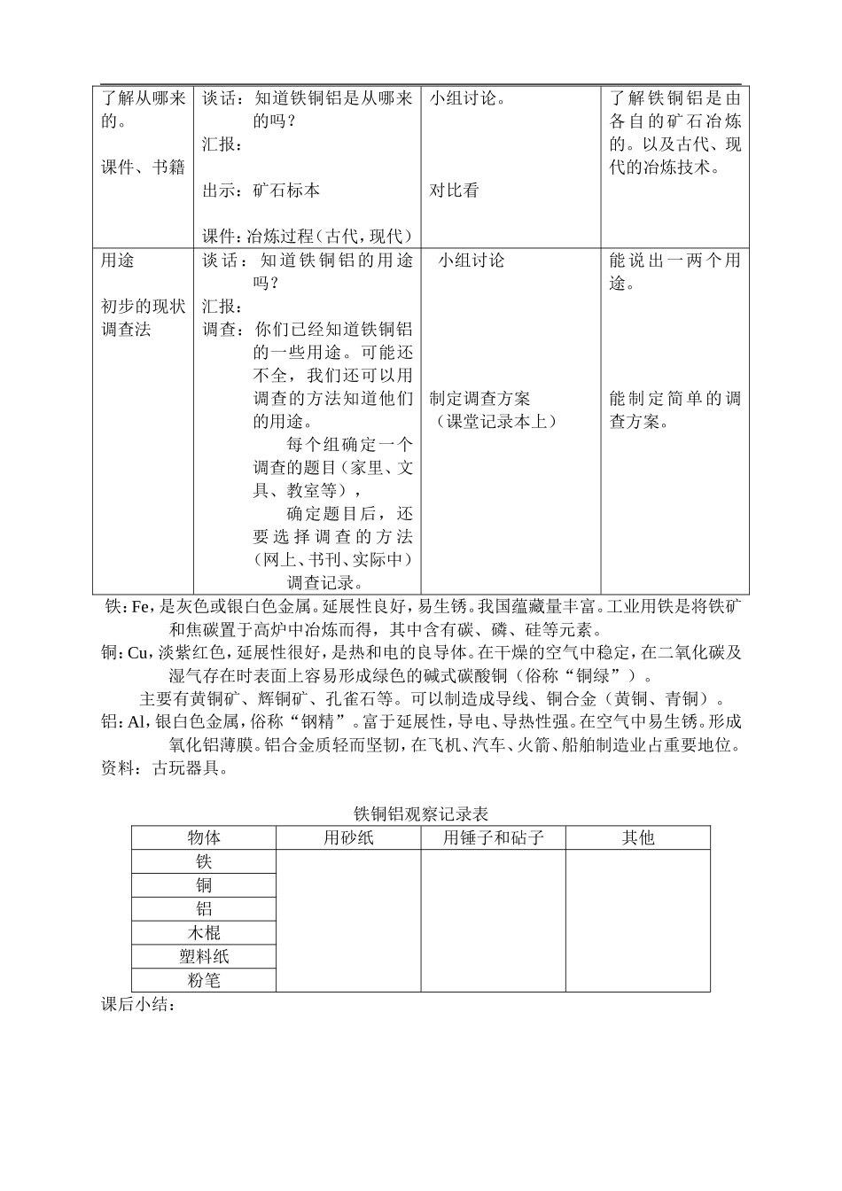 鄂教版小学科学三下《18.铁、铜和铝》word教案.doc_第2页