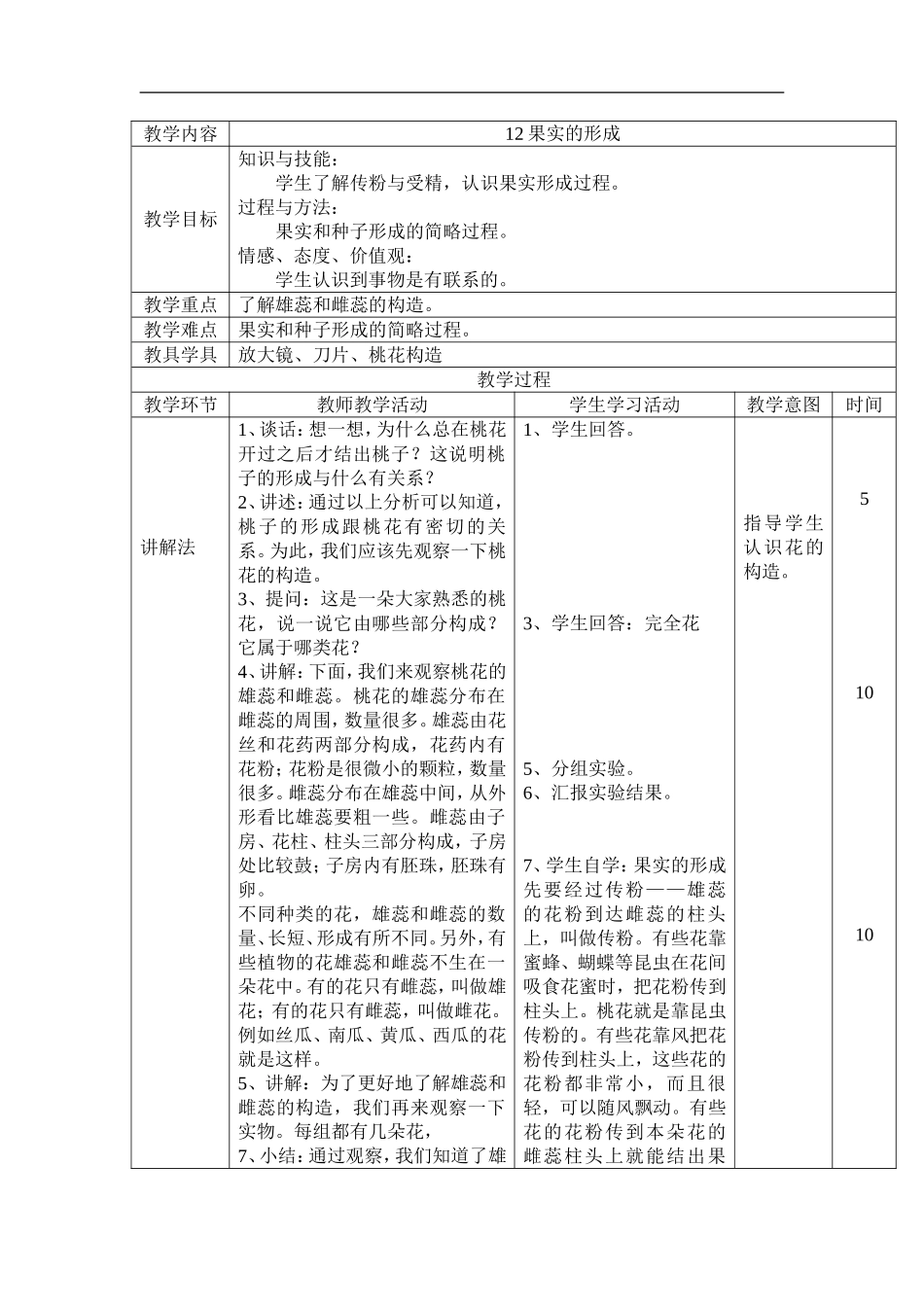 首师大小学科学四下《12.果实的形成》word教案.doc_第1页