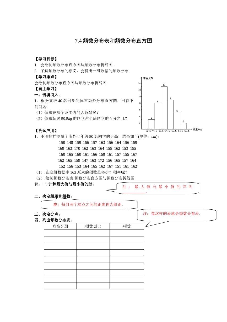 八年级下册数学苏科版 7.4频数分布表和频数分布直方图 教案.doc_第1页