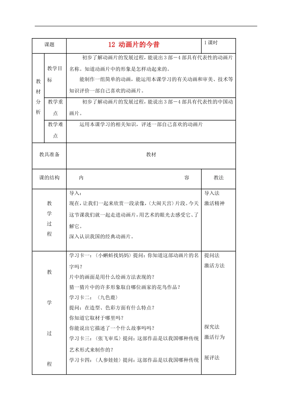 人美小学美术六下《第12课动画片的今昔》word教案 (1) .doc_第1页