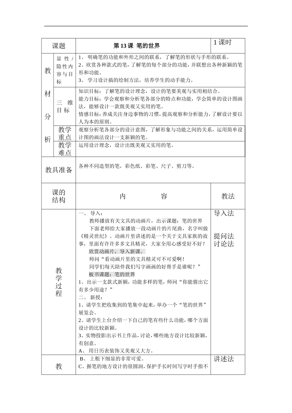 人美小学美术四上《第8课：笔的世界》word教案 (1).doc_第1页