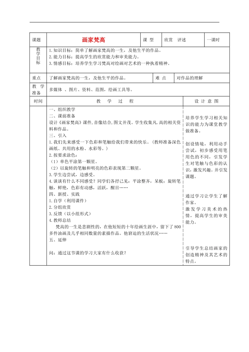 人美小学美术四下《第17课画家凡高》word教案 (2) .doc_第1页