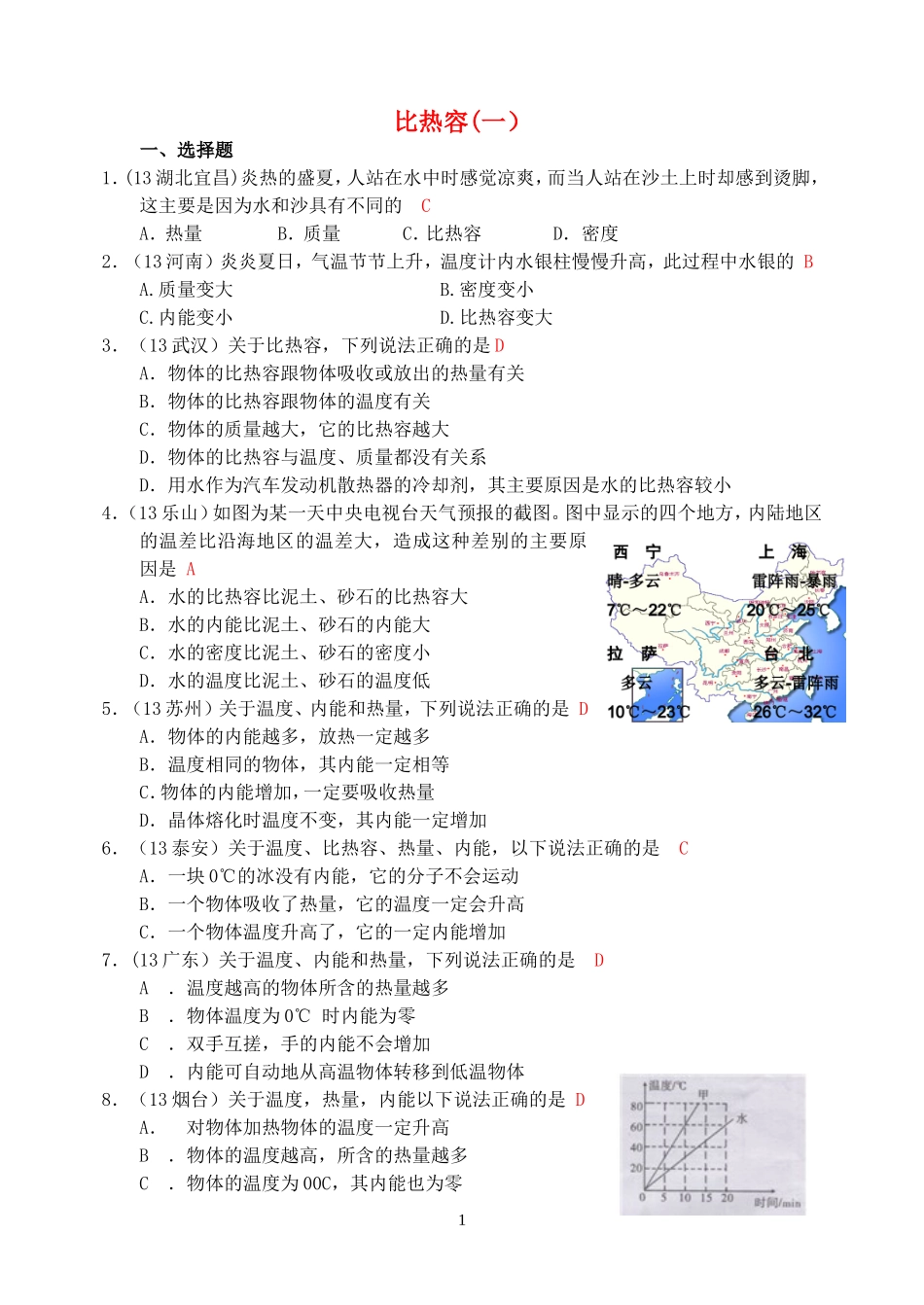 (新人教版)物理第13章 第3节比热容（1） .doc_第1页