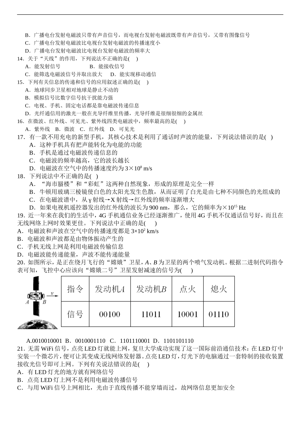 人教版物理九年级全册第二十一章信息的传递综合检测题 含答案.doc_第2页