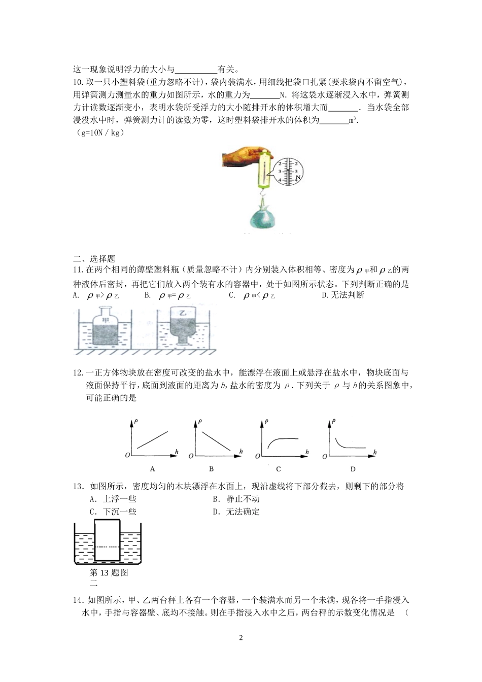 人教版八年级物理下册 第10章 浮力 单元测试题2.doc_第2页