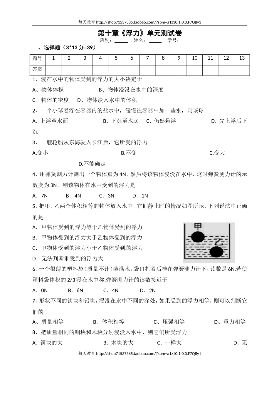 第十章浮力单元检测 .doc_第1页