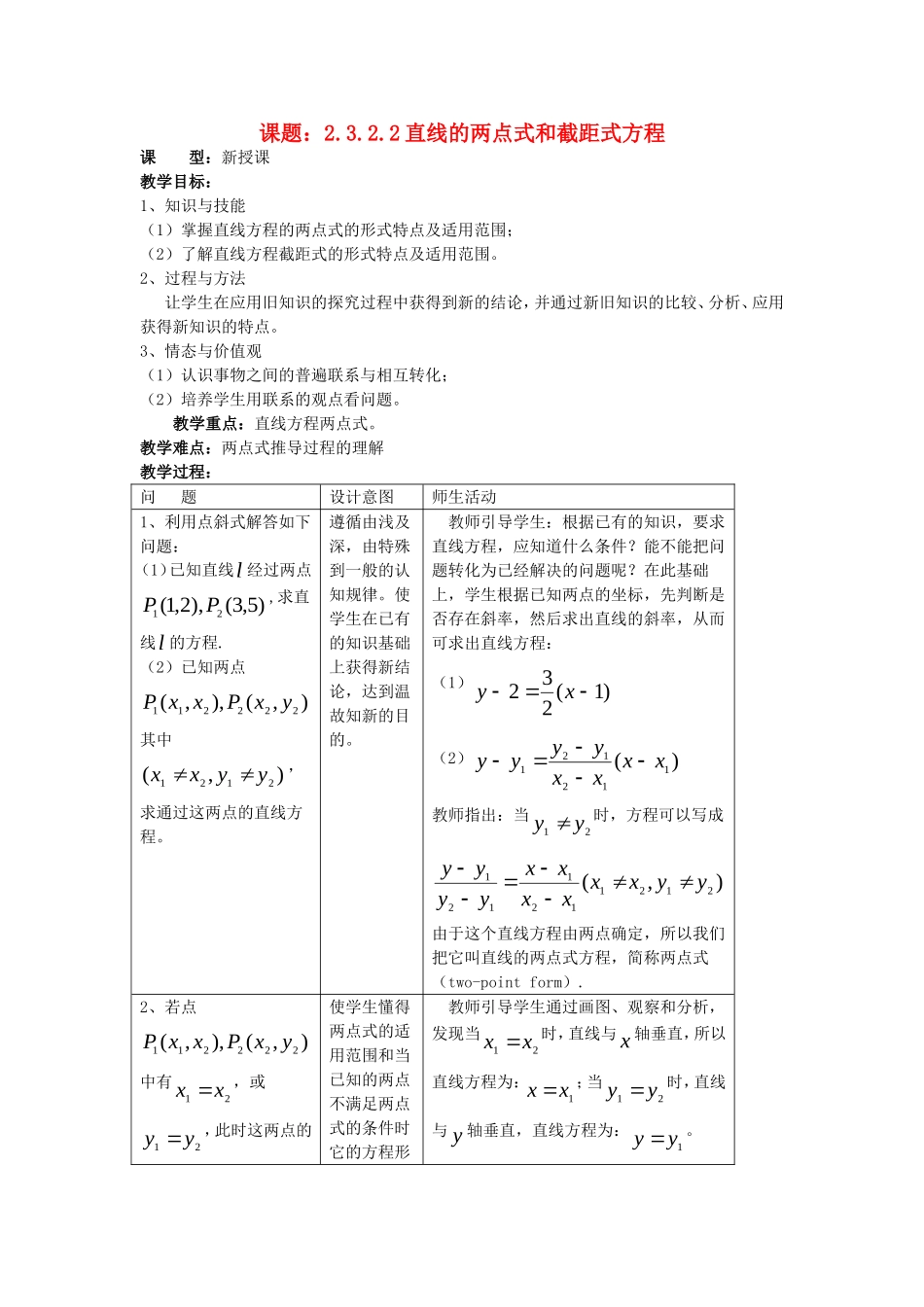 .3.2.2直线的两点式和截距式方程教案 新人教A版必修2_第1页