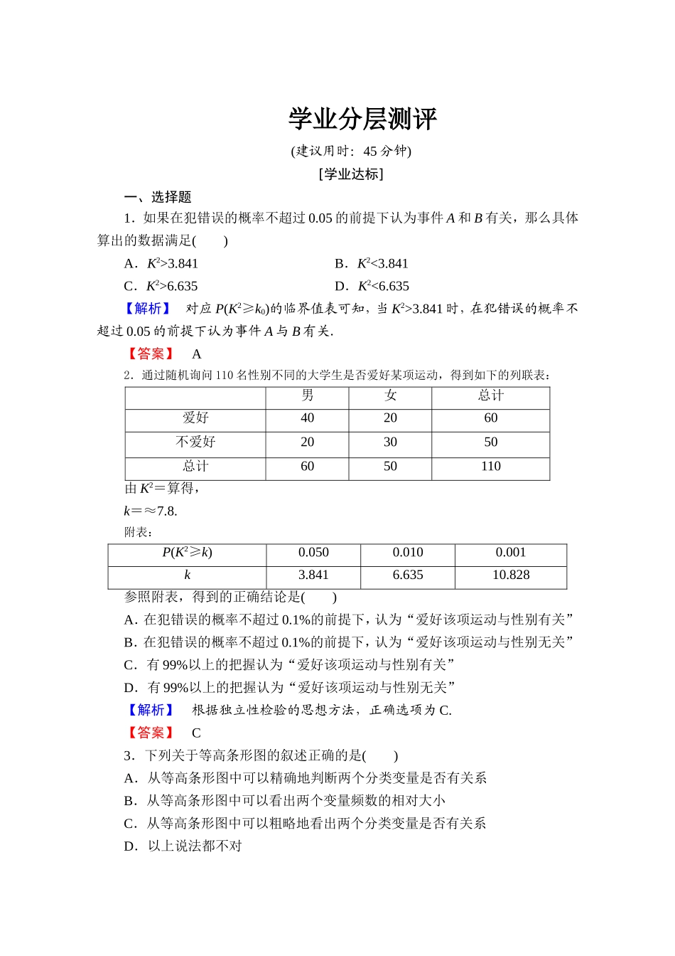 2016-2017学年高中数学人教A版选修1-2 第一章 统计案例 测评2 Word版含答案.doc_第1页