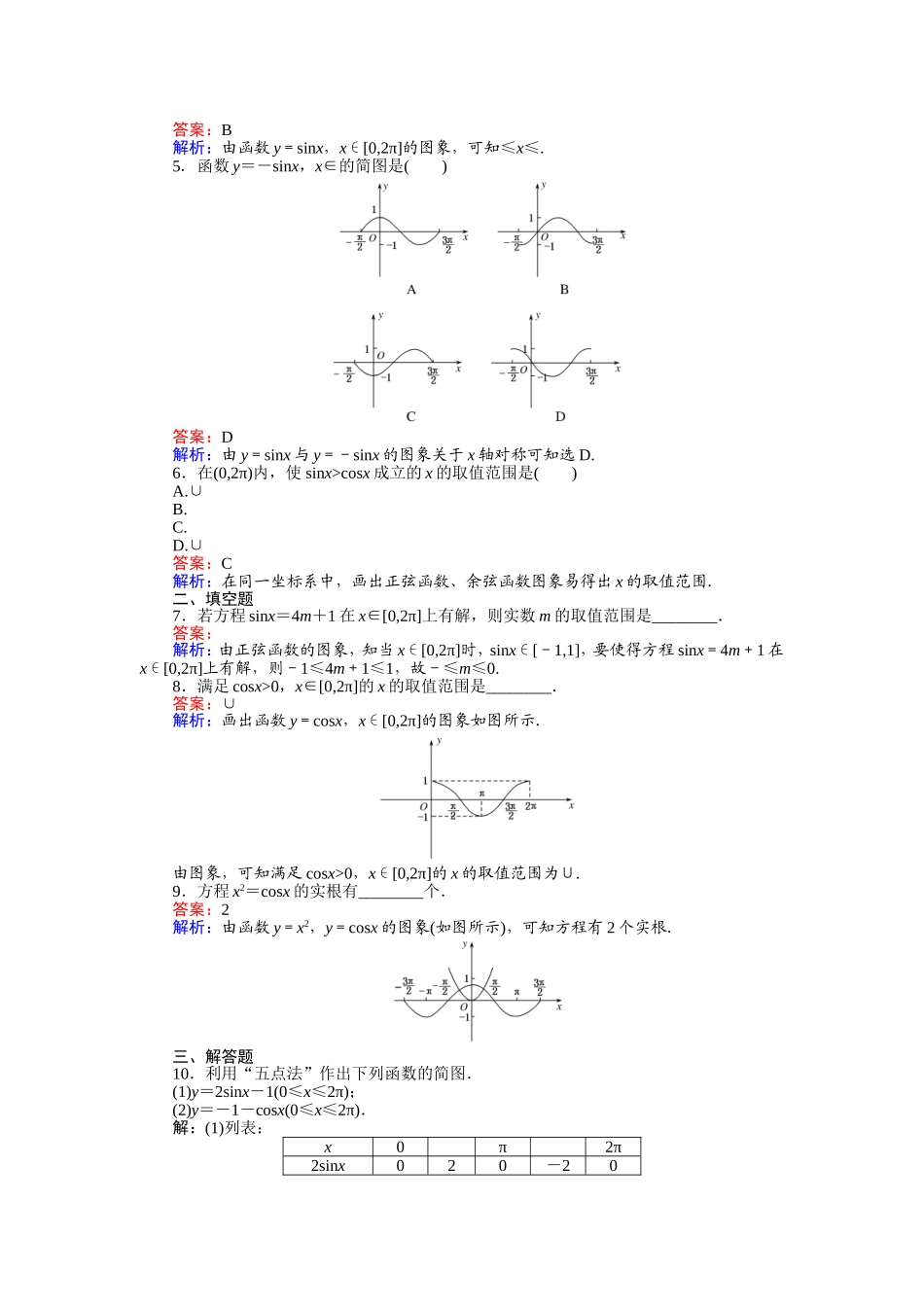 2016-2017学年高中人教A版数学必修4（45分钟课时作业与单元测试卷）：第10课时 正弦函数、余弦函数的图象 Word版含解析.doc_第2页