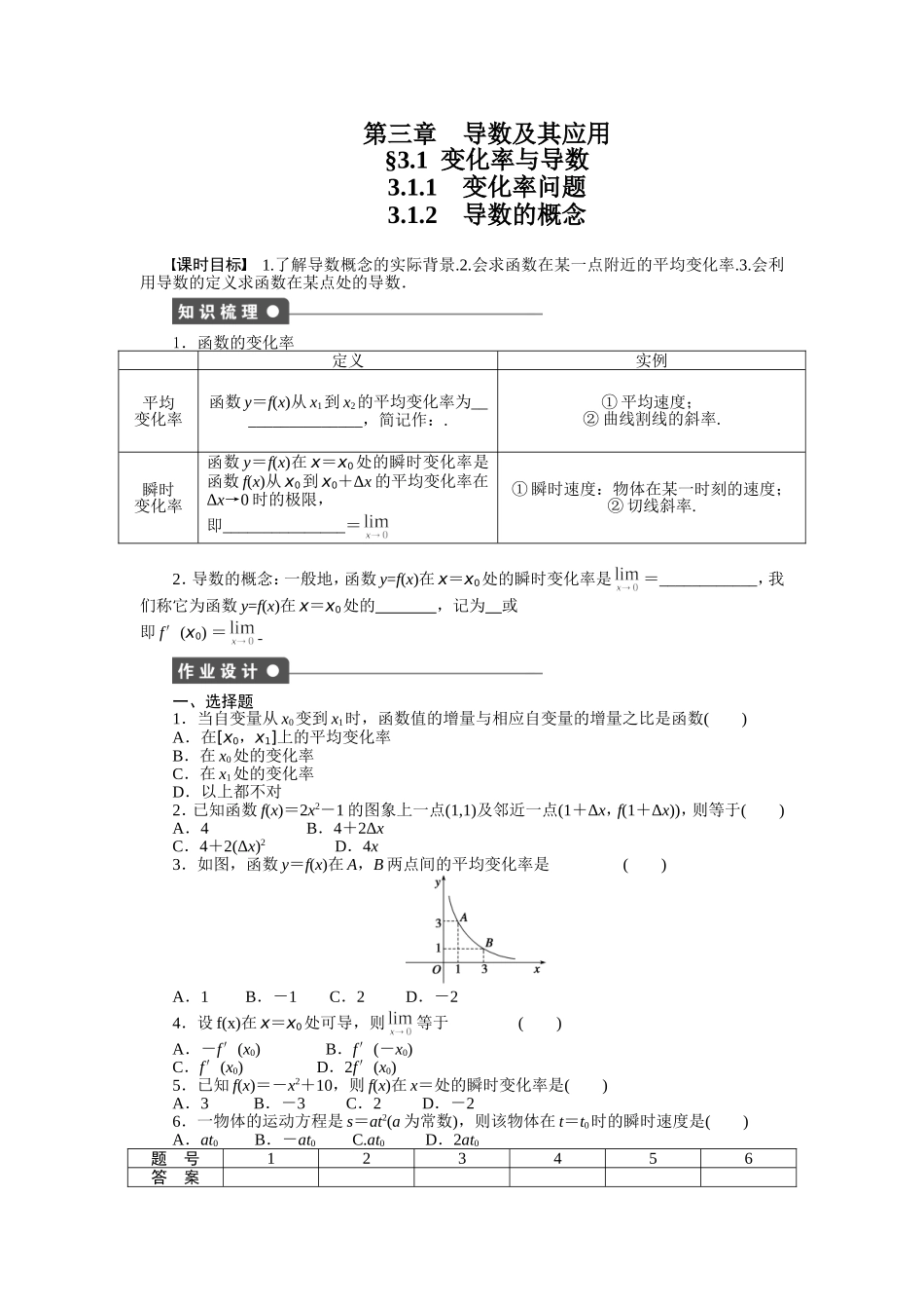 人教a版数学【选修1-1】作业：3.1.13.1.2 变化率问题 导数的概念（含答案）.doc_第1页