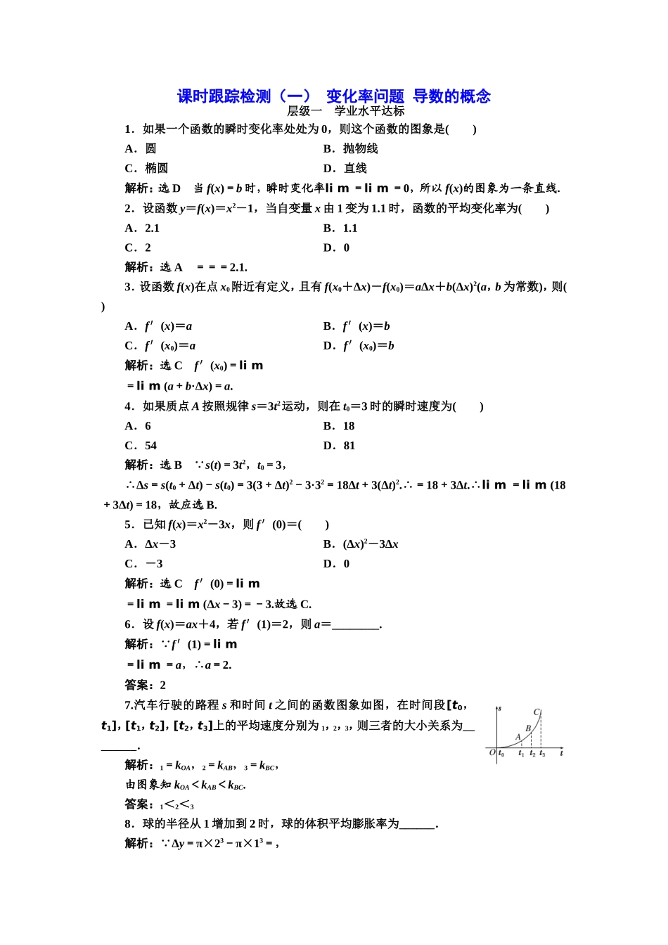 2016-2017学年人教A版高中数学选修2-2课时跟踪检测（一） 变化率问题 导数的概念 Word版含解析.doc_第1页