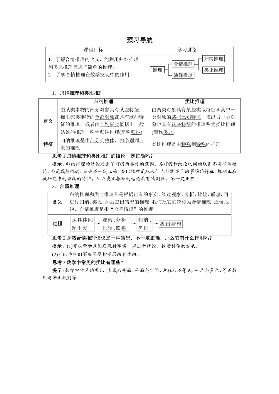 数学人教A版选修2-2预习导航：2.1　合情推理与演绎推理（第1课时） Word版含解析.doc_第1页