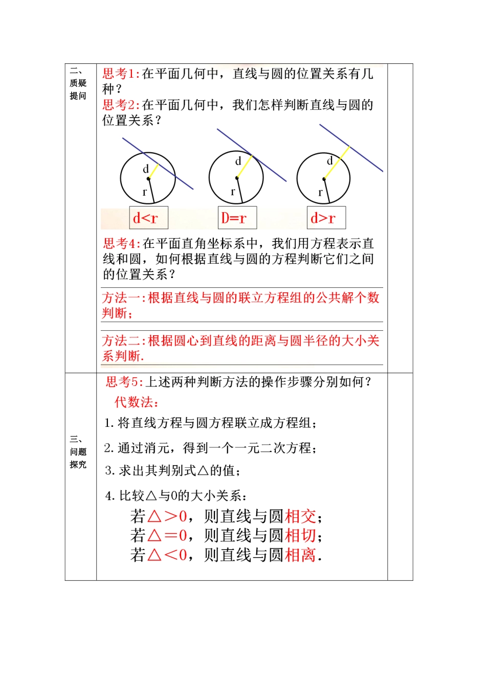 教案高一数学人教版必修二 4.2.1 直线与圆的位置关系.doc_第2页
