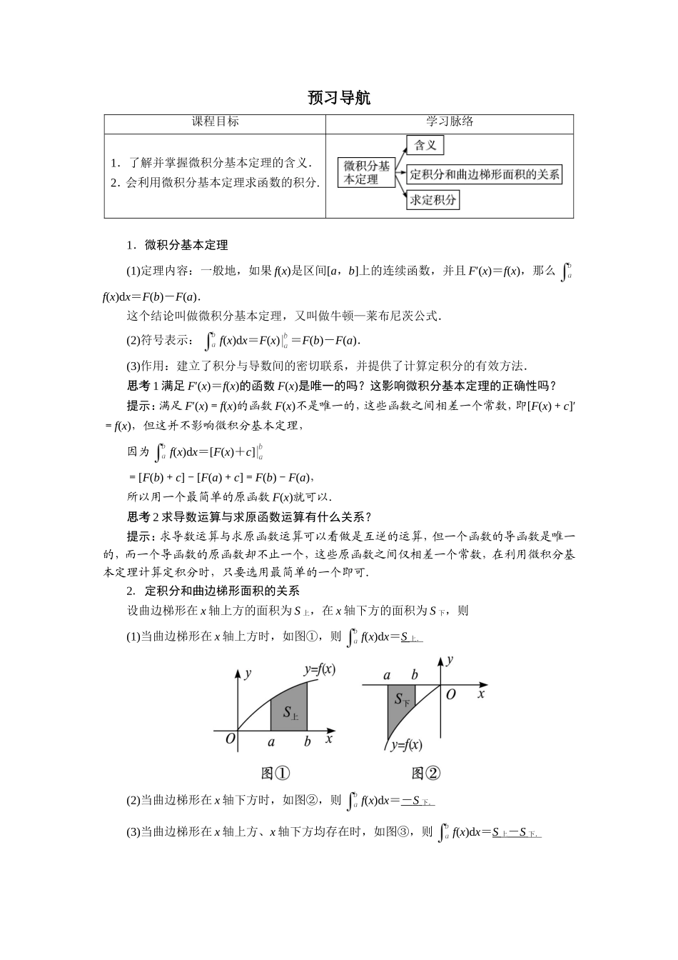 数学人教A版选修2-2预习导航：1.6　微积分基本定理 Word版含解析.doc_第1页