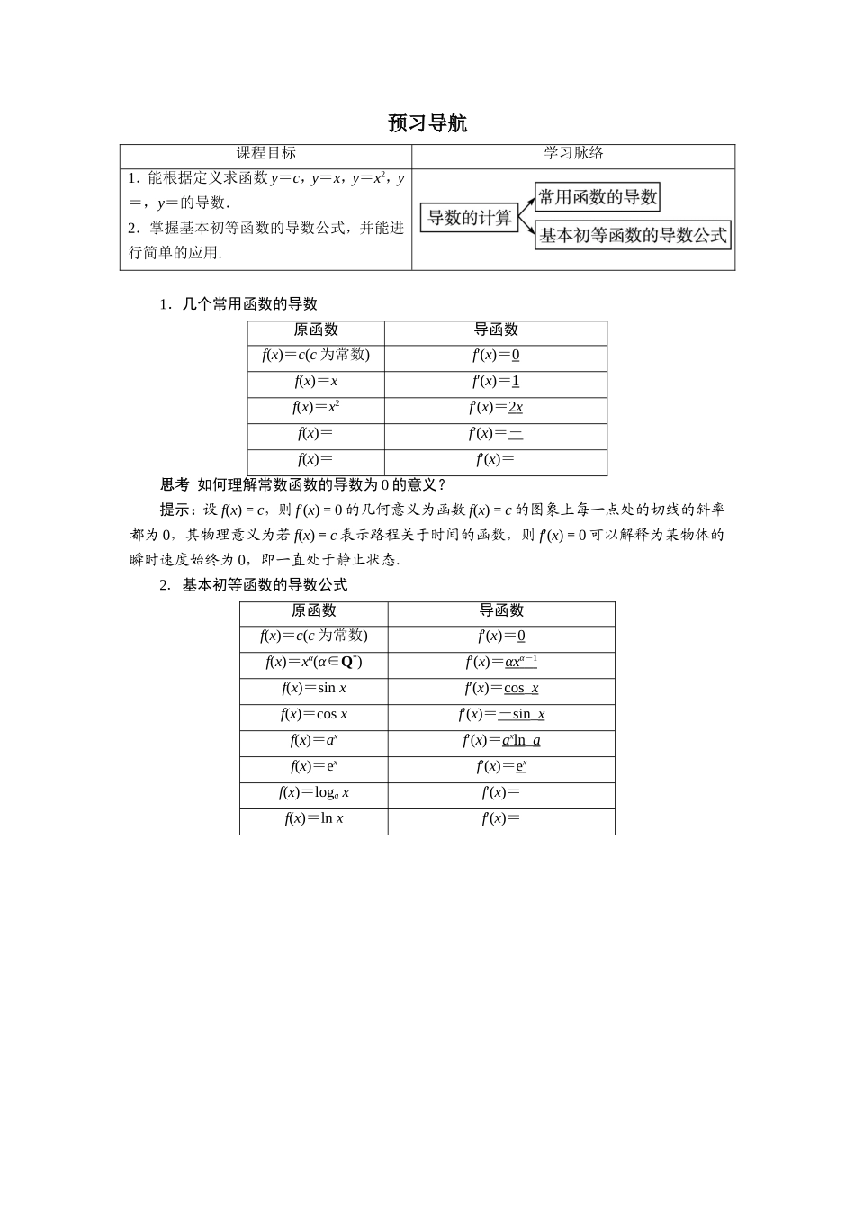 数学人教A版选修2-2预习导航：1.2　导数的计算（第1课时） Word版含解析.doc_第1页