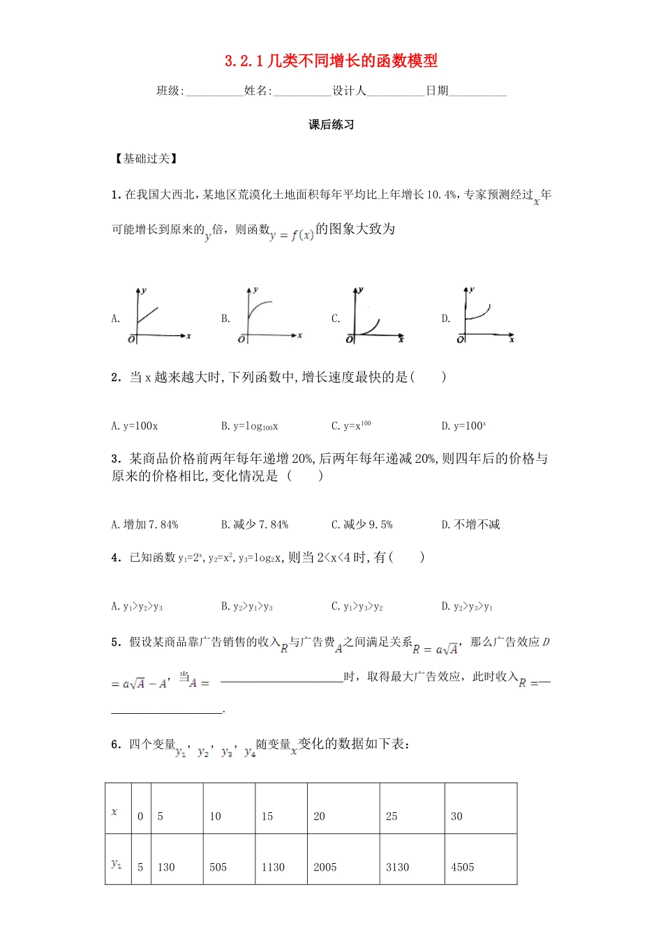 高中数学 3.2.1 几类不同增长的函数模型习题 新人教A版必修1.doc_第1页
